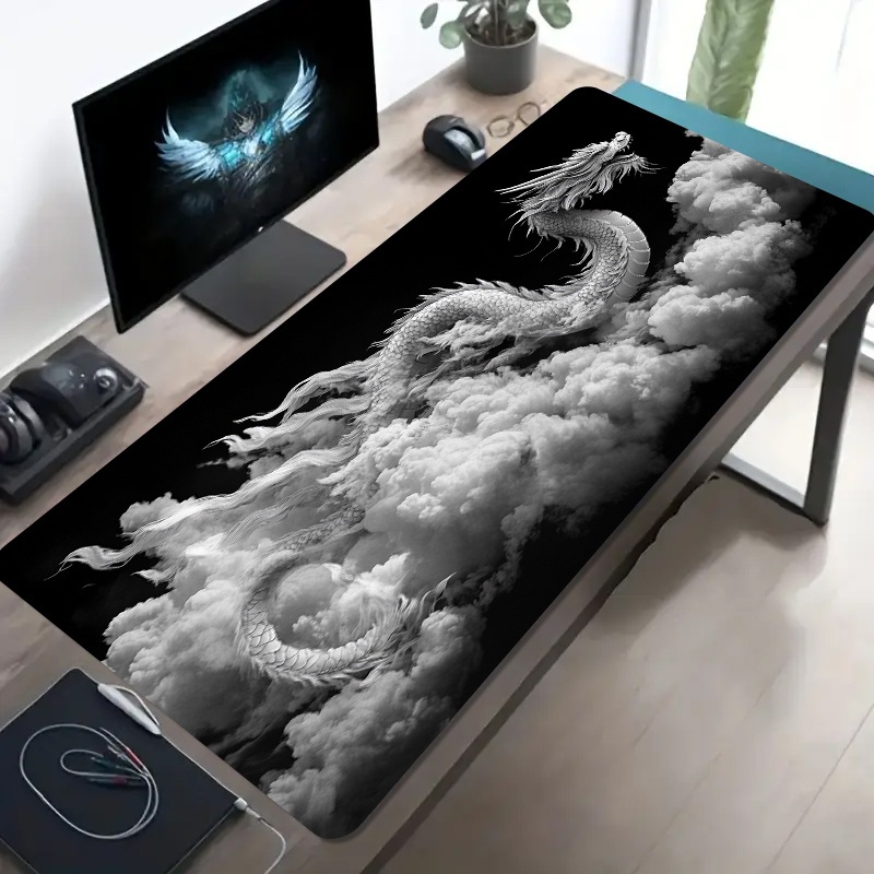 Desk Setup Black And White - แผ่นรองเมาส์เกมมิ่งลายมังกรขาวดำ ขนาดใหญ่ ฐานยางกันลื่น สำหรับพีซี แล็ปท็อป สำนักงาน