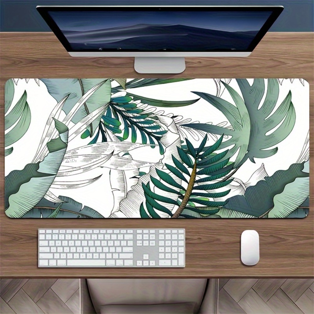 Desk Setup With Plants - ลายพืชเขตร้อน, แผ่นรองกันลื่น, แผ่นรองโต๊ะทำงาน, แผ่นรองเมาส์คอมพิวเตอร์, แผ่นรองเมาส์สำหรับเกมเมอร์ขนาดใหญ่
