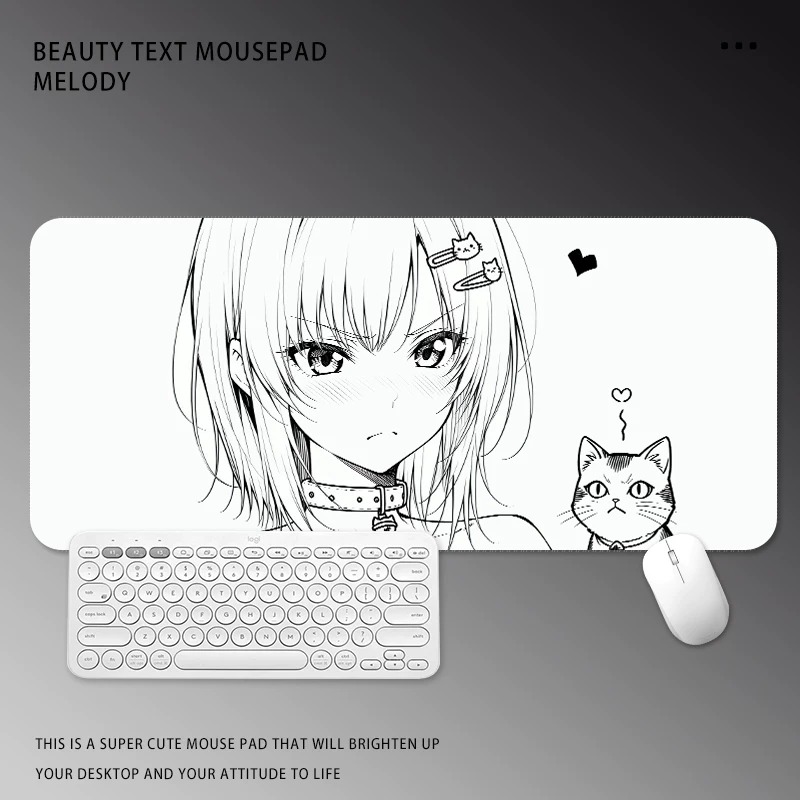Desk Setup Black And White - แผ่นรองเมาส์ลายการ์ตูนสาวขาวดำขนาดใหญ่ แผ่นรองโต๊ะเกมมิ่งลายแมวน่ารัก แผ่นรองคีย์บอร์ดสำหรับพีซี ตกแต่งห้องทำงานที่บ้าน