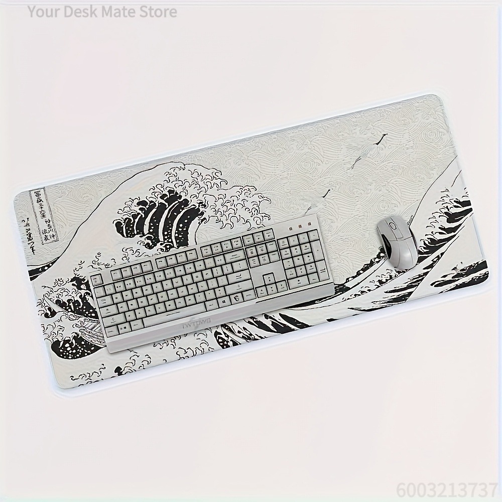 Desk Setup Black And White - แผ่นรองโต๊ะลายคลื่นสีดำขาว ขนาด XXL | แผ่นรองเมาส์สำหรับเล่นเกมแบบยางเนื้อนุ่มสำหรับการตั้งค่าพีซี แล็ปท็อป