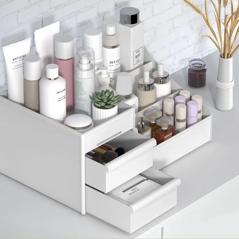 Desk Setup Productivity - กล่องเก็บเครื่องสำอางแบบลิ้นชัก ประหยัดพื้นที่ สำหรับวางบนโต๊ะเครื่องแป้งในหอพัก วางผลิตภัณฑ์ดูแลผิว มาส์กหน้า ลิปสติก