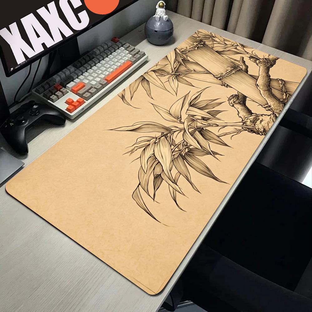 Desk Setup Beige - แผ่นรองเมาส์ลายเส้นไม้ไผ่ HYBXAXC สีเบจสงบและสไตล์มินิมอลแบบญี่ปุ่น สำหรับตกแต่งสำนักงานและเกมเมอร์ จัดวางบนโต๊ะทำงาน