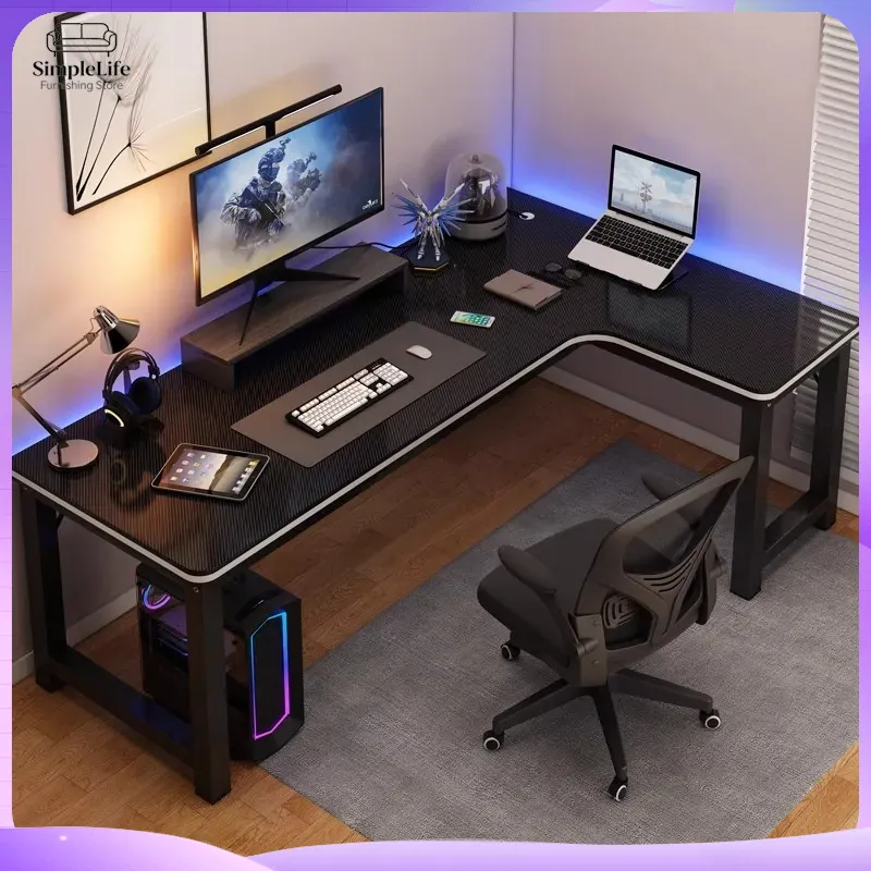 Desk Setup Corner - โต๊ะเกมมิ่ง โต๊ะคอมพิวเตอร์สำหรับพีซี แล็ปท็อป ปรับระดับความสูงได้ตามหลักสรีรศาสตร์ รองรับจอภาพคู่ โต๊ะทำงานที่บ้านพร้อมที่เก็บของ