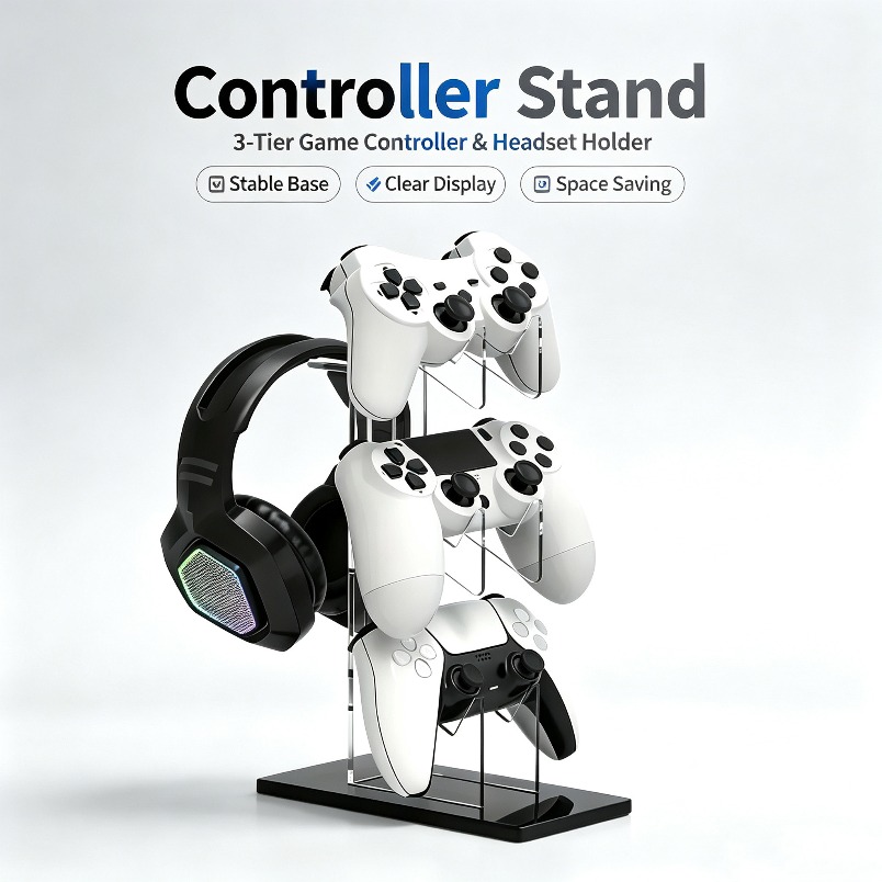 Desk Setup Ps5 - ที่วางคอนโทรลเลอร์พร้อมที่แขวนหูฟัง ชั้นวางเก็บของสำหรับเกม 3 ชั้น ชั้นวางโชว์บนโต๊ะที่แข็งแรงสำหรับจัดวางเครื่องเล่น PS5