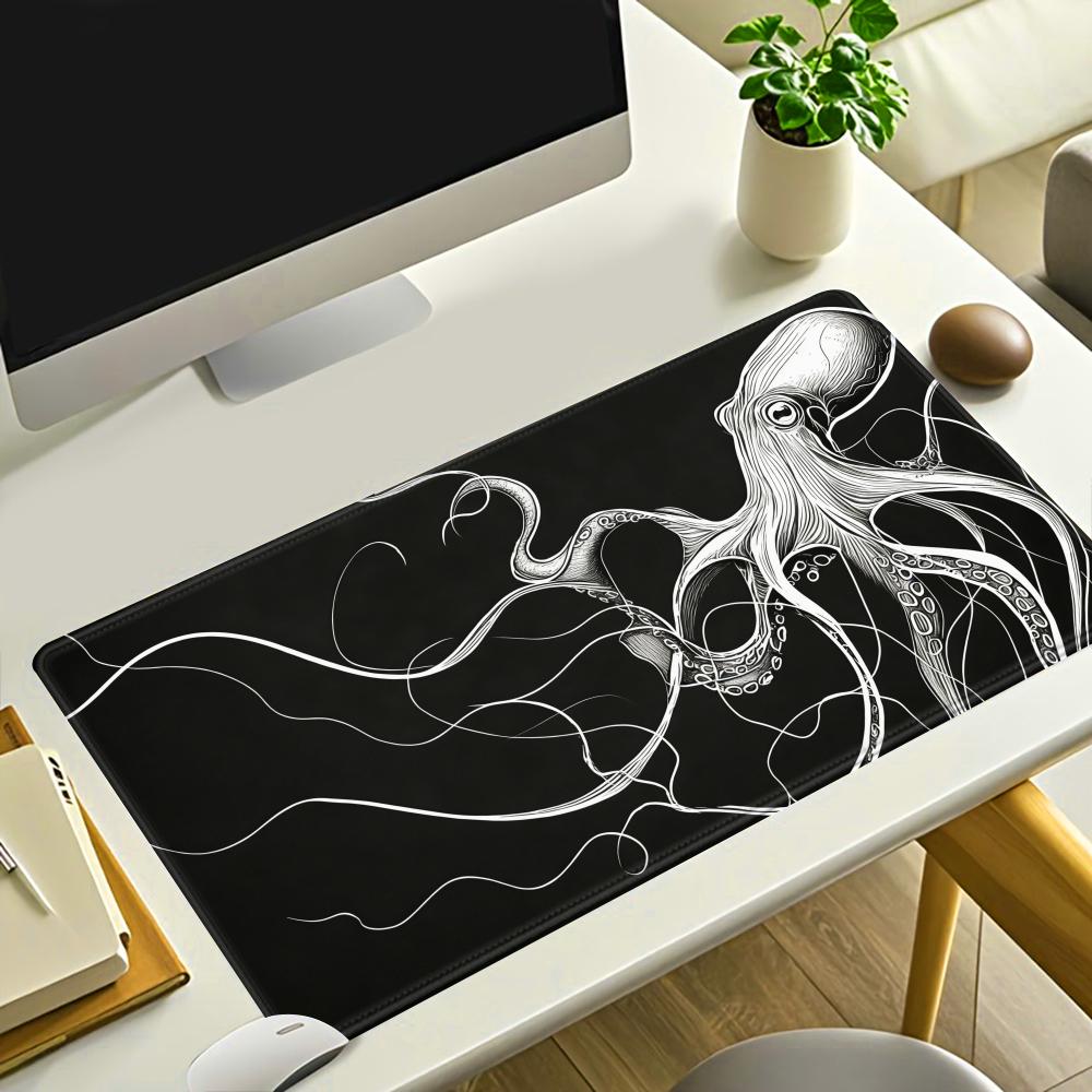 Desk Setup Black And White - แผ่นรองเมาส์ HYBXAXC ลายปลาหมึก แผ่นรองโต๊ะสีดำและสีขาว แผ่นรองเมาส์สไตล์มินิมอลสำหรับใช้ในบ้าน สำนักงาน