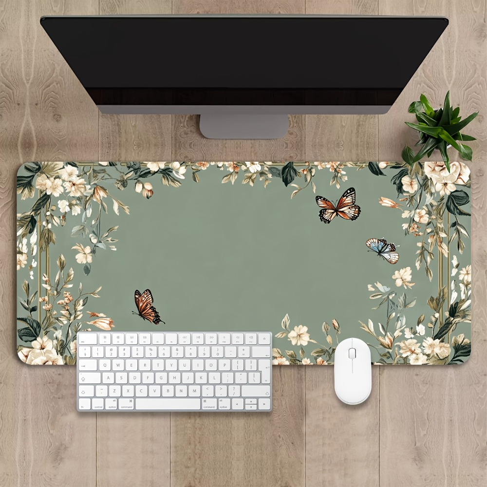 Desk Setup With Plants - แผ่นรองโต๊ะลายผีเสื้อและลายดอกไม้สีเขียว ของตกแต่งโต๊ะเกมเมอร์ ถาดจัดระเบียบและถาดรองเมาส์