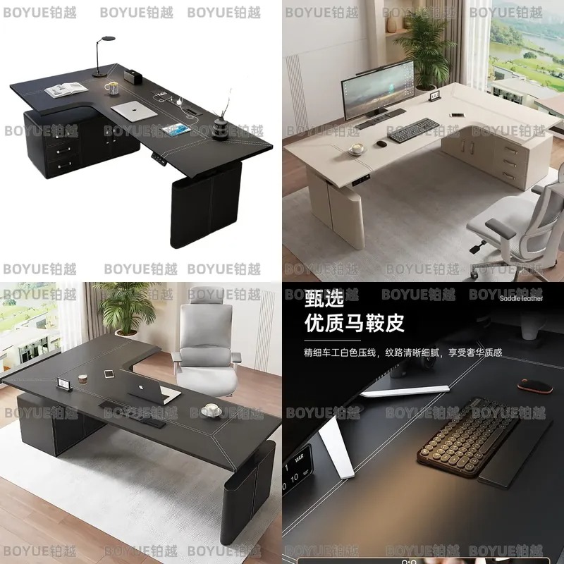 Desk Setup Corner - โต๊ะทำงานเข้ามุมรูปตัว L ปรับระดับความสูงด้วยระบบไฟฟ้า พร้อมที่เก็บของ หุ้มหนังแบบ Saddle