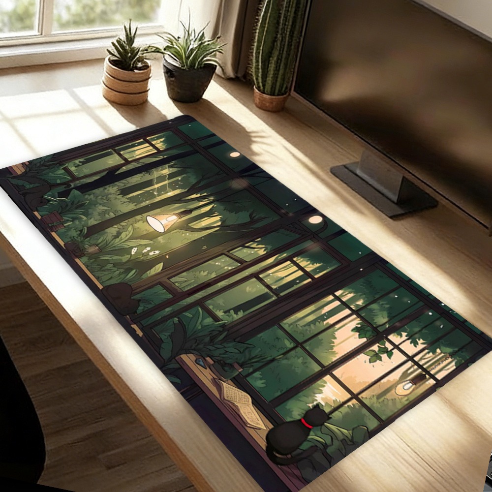 Desk Setup With Plants - แผ่นรองเมาส์ลายต้นไม้สีเขียว - แผ่นรองเมาส์ลายแมวดำขนาดใหญ่ - แผ่นรองเมาส์ลายสวยงามสำหรับเกมเมอร์