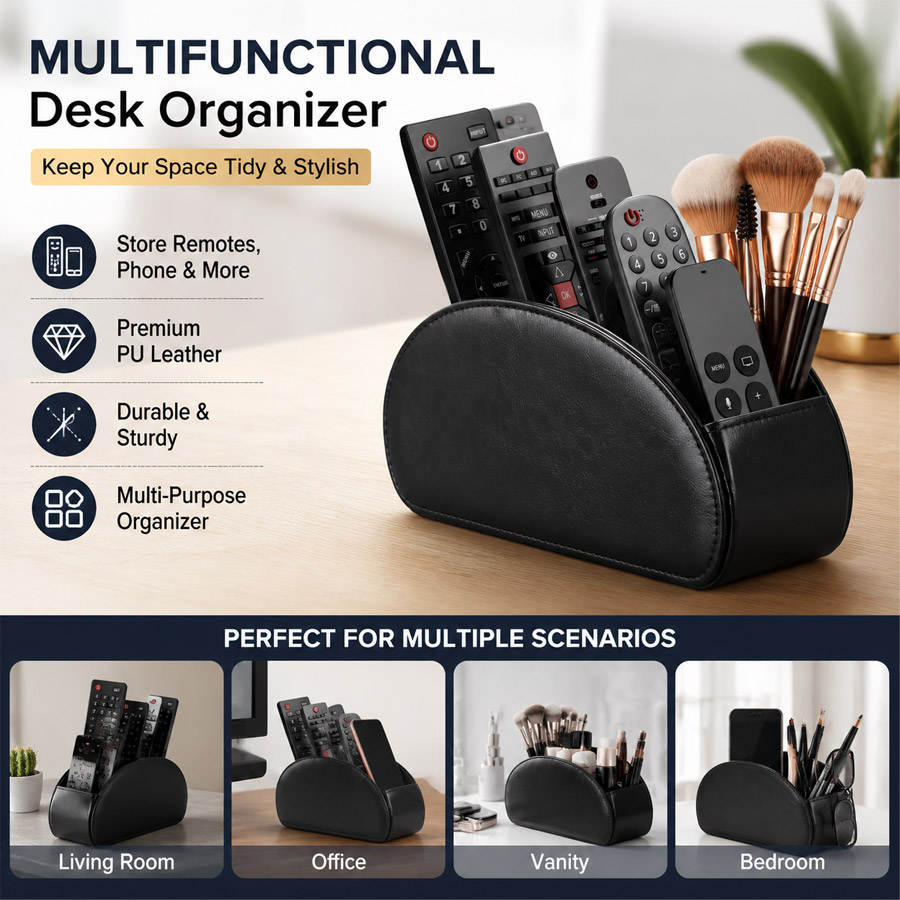 Desk Setup Organization - กล่องจัดระเบียบบนโต๊ะทำงาน 5 ช่อง ทำจากหนัง PU สำหรับเก็บรีโมท