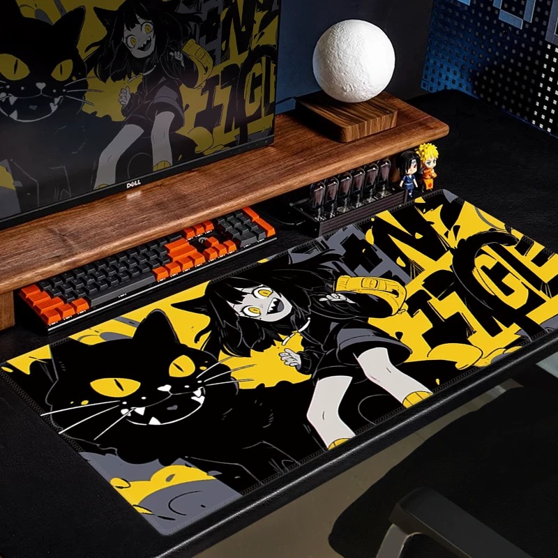 Yellow Desk Setup - แผ่นรองเมาส์เกมมิ่งลายอนิเมะแมวดำ แผ่นรองโต๊ะลายการ์ตูนสาวสีเหลือง ขนาดใหญ่ กันลื่น ทำจากยาง สำหรับคีย์บอร์ด