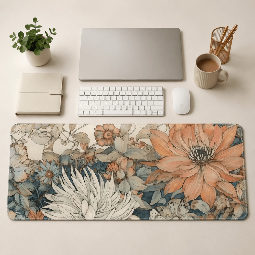 Desk Setup With Plants - แผ่นรองโต๊ะลายดอกไม้สไตล์เรโทร ลายพิมพ์ต้นไม้และดอกไม้ เหมาะสำหรับผู้หญิงและผู้ใช้โต๊ะทำงาน เหมาะสำหรับการจัดวางแล็ปท็อป