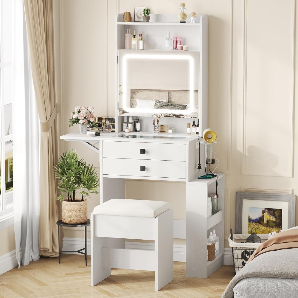 Desk Setup In Small Bedroom - โต๊ะเครื่องแป้งขนาดเล็กพร้อมกระจกไฟปรับได้ 3 ระดับ ชุดโต๊ะเครื่องแป้งสีขาวพร้อมแผงพับได้และแท่นชาร์จ
