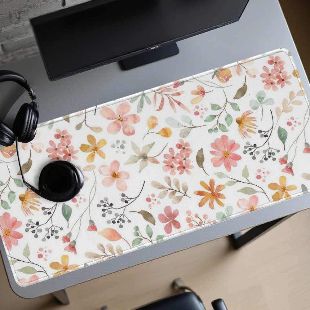 Yellow Desk Setup - แผ่นรองเมาส์ลายดอกไม้สีชมพูสีเหลืองแผ่นรองโต๊ะขนาดใหญ่ยางกันลื่นสำหรับเล่นเกมในสำนักงาน