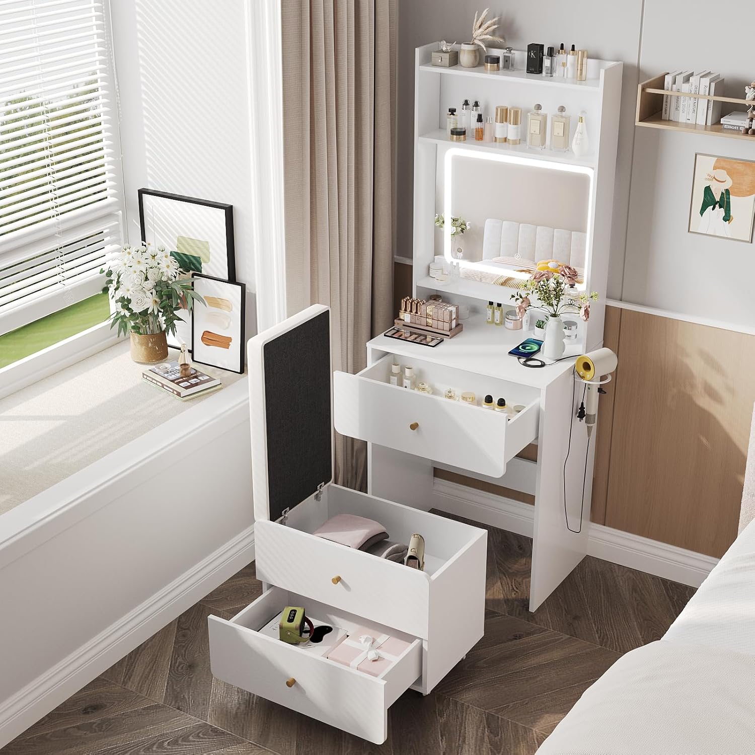 Desk Setup In Small Bedroom - โต๊ะเครื่องแป้งพร้อมกระจกและไฟส่องสว่าง สีขาว พร้อมแท่นชาร์จ โต๊ะเครื่องแป้งขนาดเล็กสำหรับเด็กผู้หญิง และสามารถปรับแต่งได้