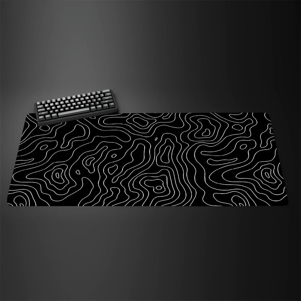 Desk Setup Black And White - แผ่นรองเมาส์เกมมิ่งขนาดใหญ่ ลายแผนที่ภูมิประเทศ สีดำขาว ลายเส้นนามธรรม แผ่นรองโต๊ะกันลื่น แผ่นรองคีย์บอร์ดพีซี