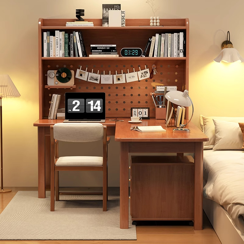 Desk Setup Corner - โต๊ะทำงานไม้จริงทรงตัวแอล 7 รูปแบบ พร้อมชั้นวางหนังสือในตัว แผ่นเจาะรู สำหรับใช้ในบ้าน