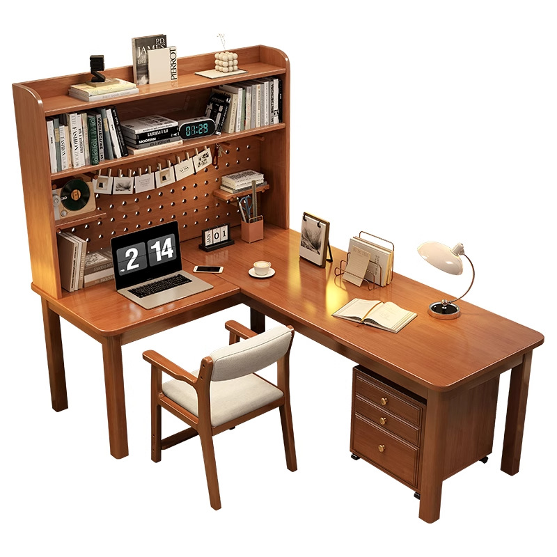 โต๊ะทำงานไม้จริงทรงตัวแอล 7 รู - Desk Setup Corner บทวิจารณ์และราคา